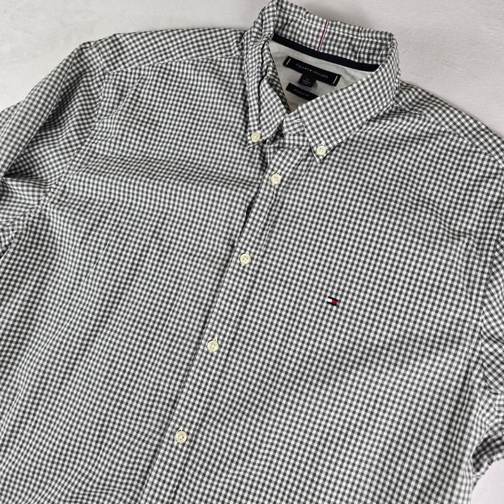 Tommy Hilfiger Mens‎ XL Regular Fit Gingham Button Down Shirt Black White Cotton